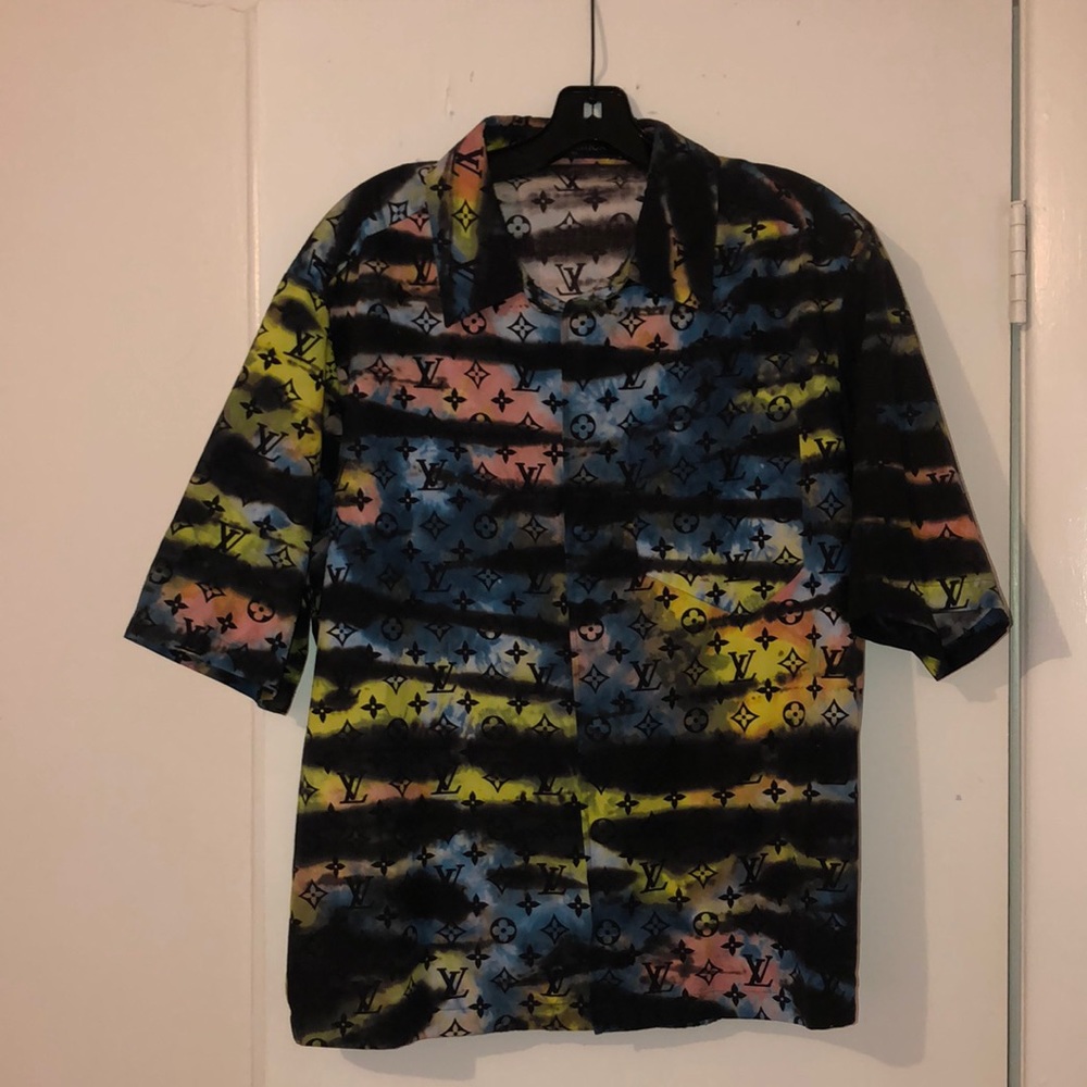 Tie Dye Monogram Men’s Zip Up Short Sleeve Cotton Shirt